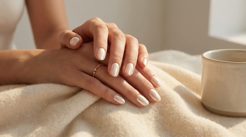 białe perłowe paznokcie u dłoni 