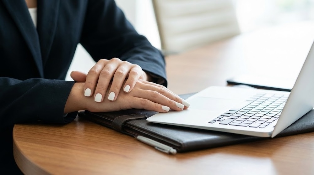 kobieta w pracy z białymi paznokciami 