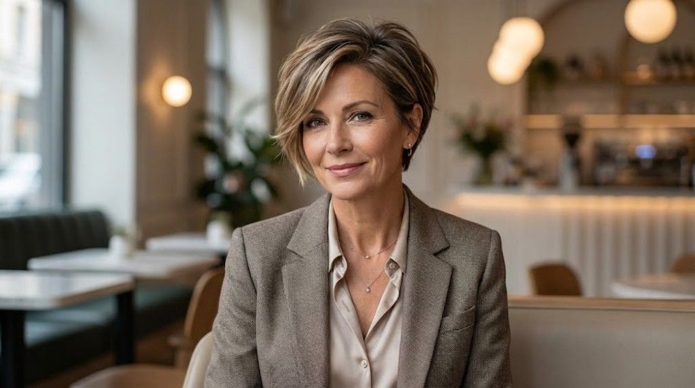 odmładzające fryzury dla 50-latek - fryzura bixie odmładzające fryzury dla 50-latek - bixie z pasemkami