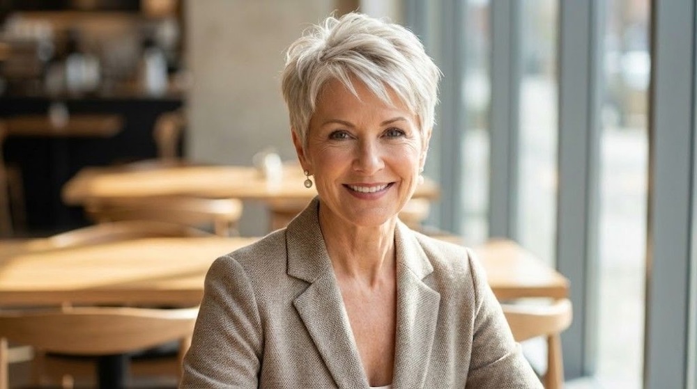 odmładzające fryzury dla 50-latek - pixie na siwych włosach odmładzające fryzury dla 50-latek - krótkie cięcie