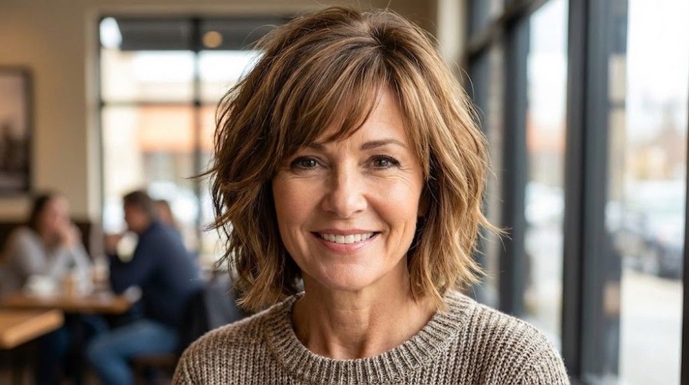 fryzura bombka z grzywką dla trójkątnej twarzy u kobiety 