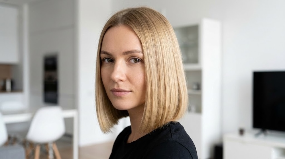 minimalistyczny bob u blondynki 