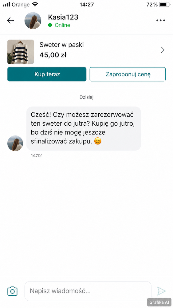 wiadomość na vinted w sprawie rezerwacji wiadomość na vinted z prośbą o rezerwację